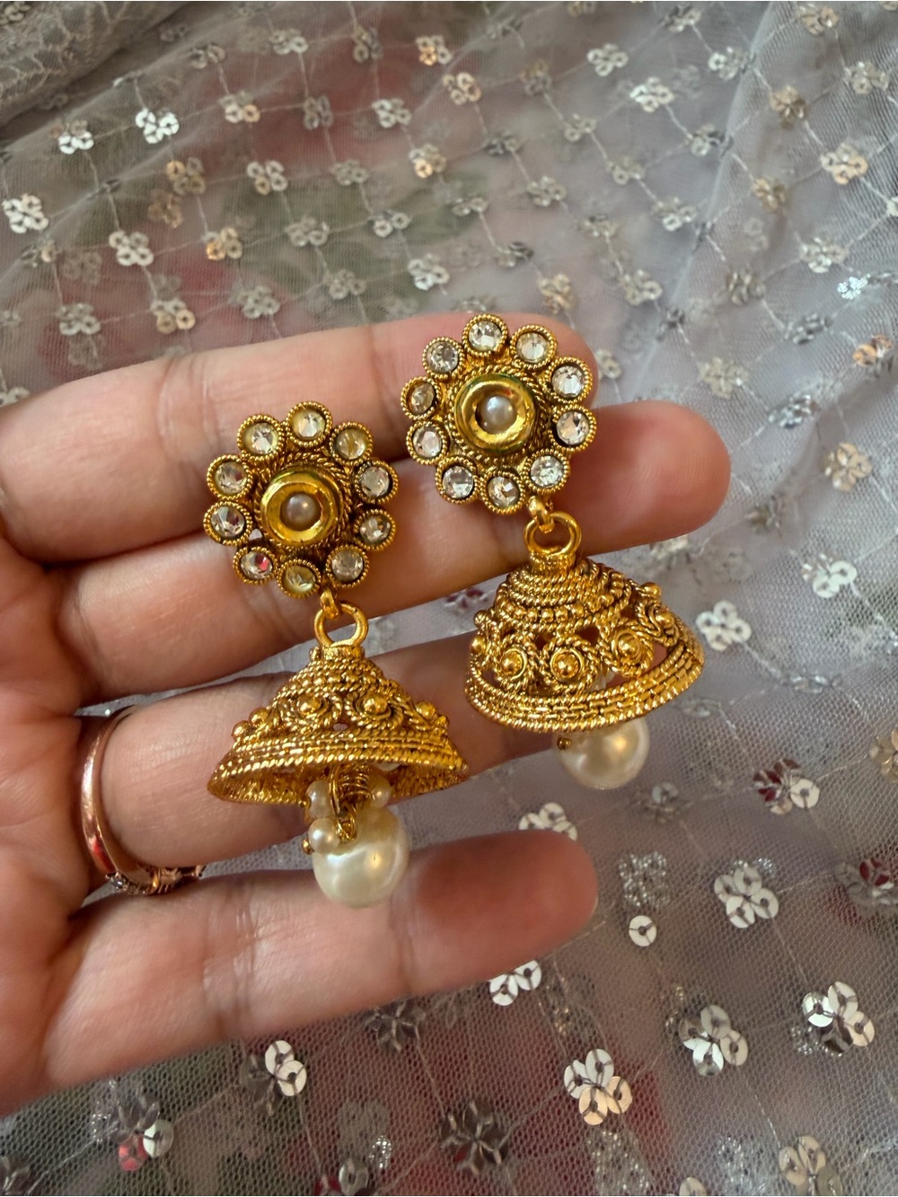 Gold Floral Jhumka Earrings with Pearl Drop - Women Jewelry